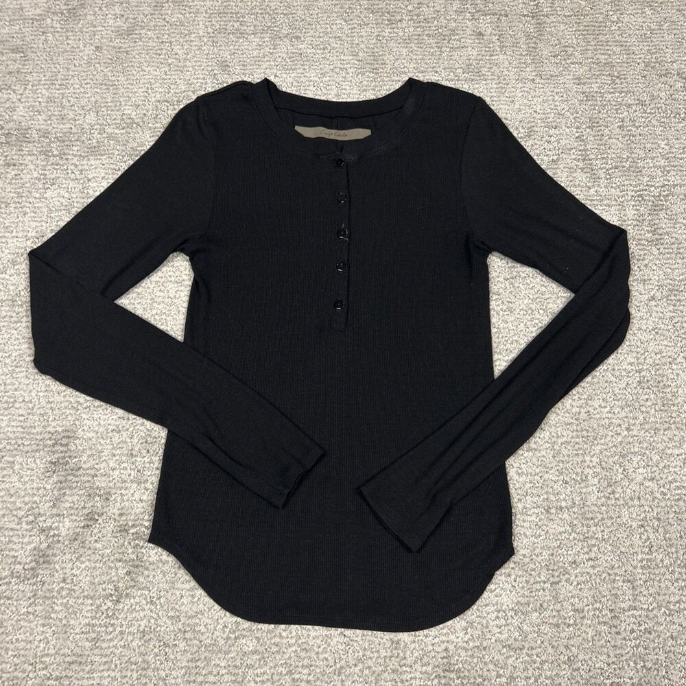 Enza Costa Henley Top Womens Large Silk Blend Ribbed Black Stretchy Shirt USA